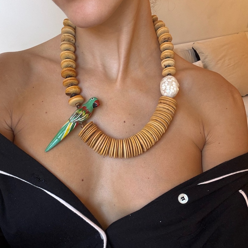 Handcrafted Parrot Pendant Natural Wood Bead Necklace